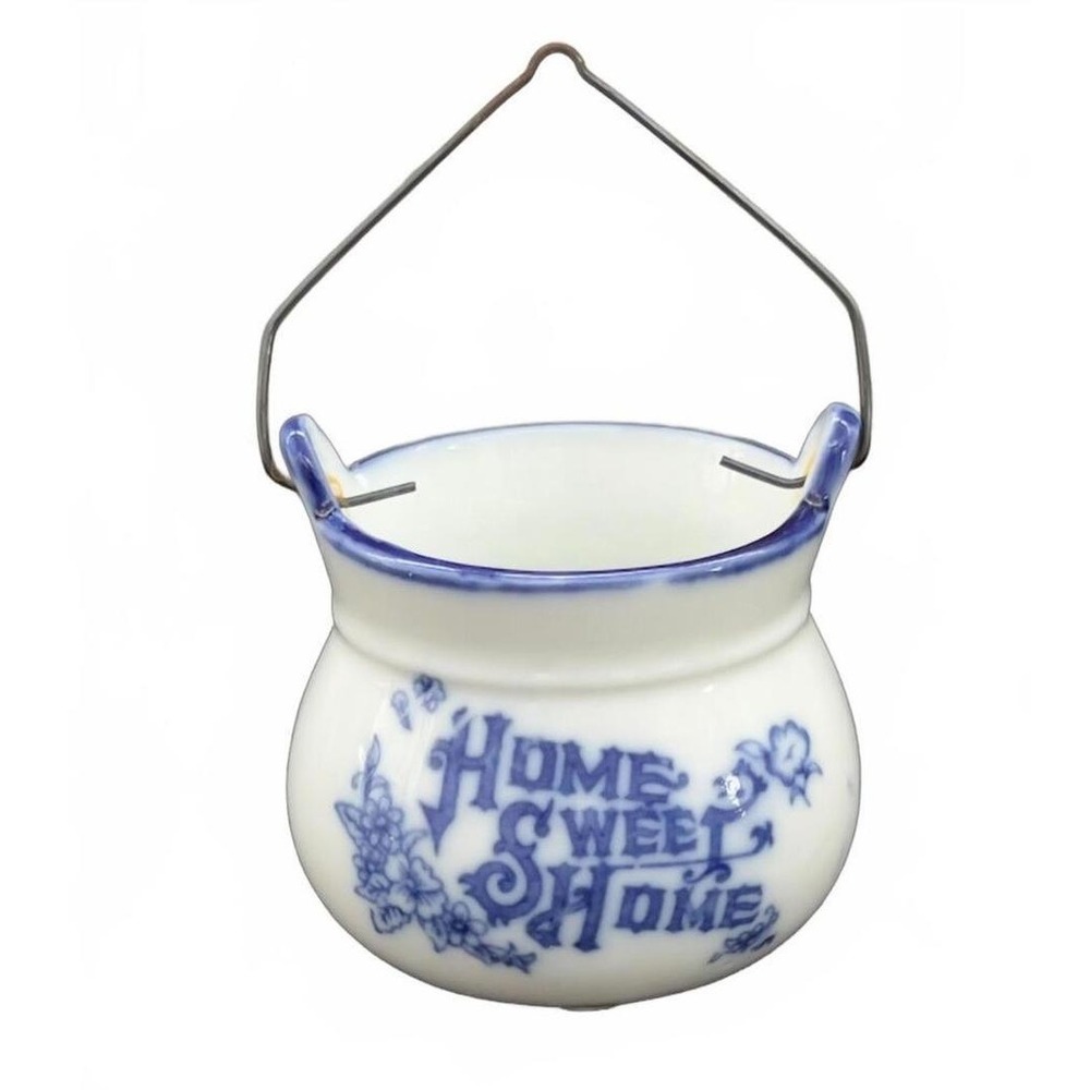 Fairway Miniature Cauldron White Blue Home Sweet Home Floral Vintage 2.5in